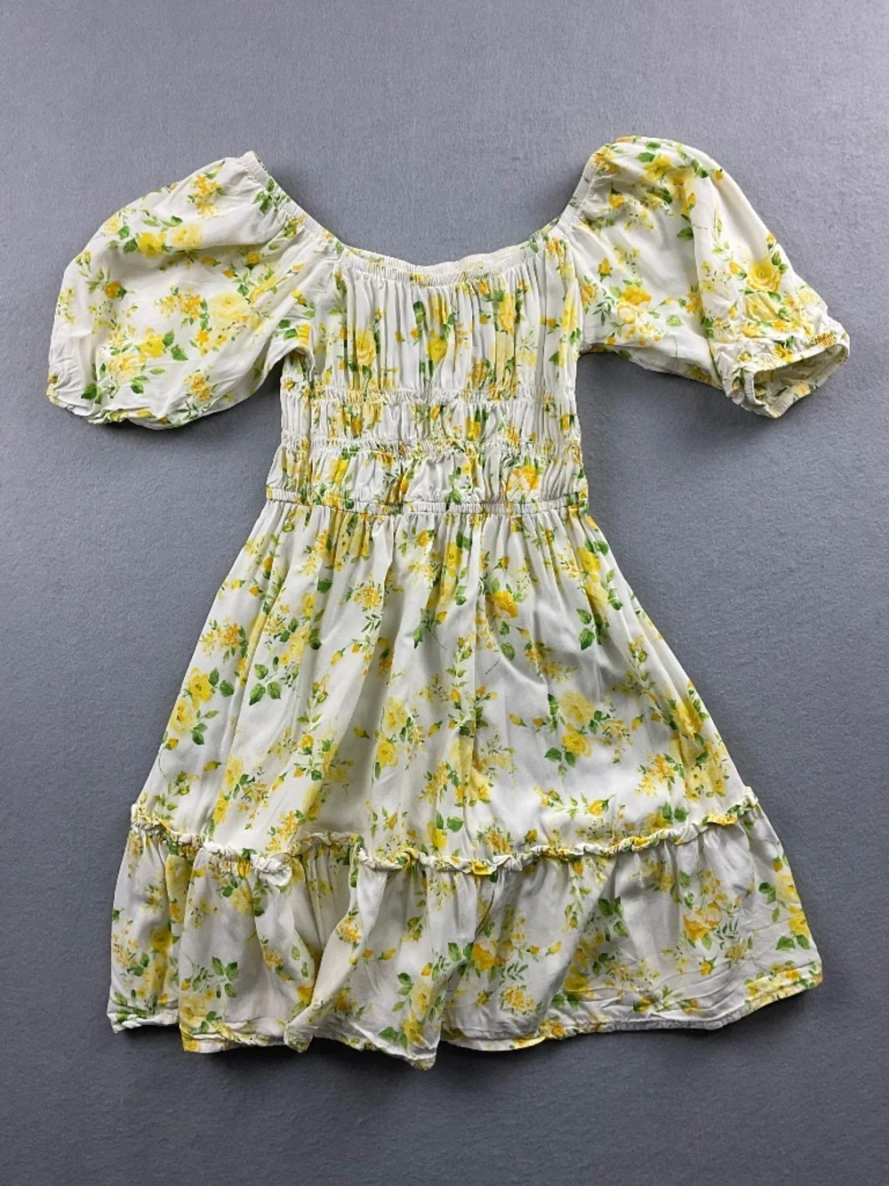 Children's Place Yellow Floral Smocked Bodice Puff Sleeve Dress Size 7/8